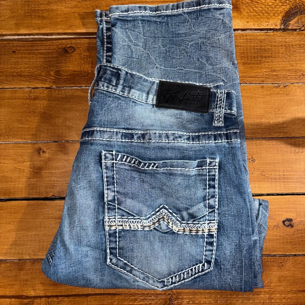 True Luck Jeans Mens 34x30 (Fits 34x29) Blue Denim Distressed Marbling READ